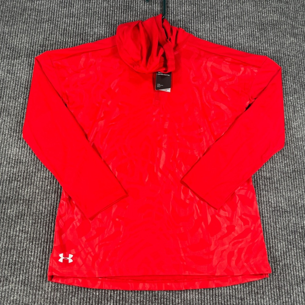 Under Armour Shirt Womens Small Red Long Sleeve Loose Fit Heat Gear Hooded New